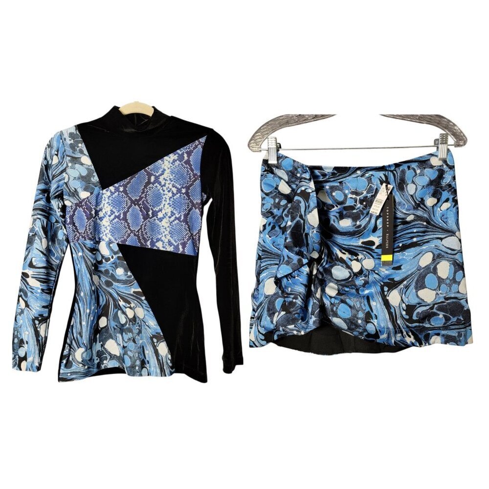 Top Shop X Halpern Womens Blue Black Marble Snake Velvet Top Skirt Set Size 4